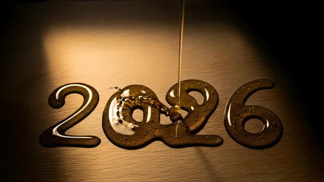 Honey dripping into 2026 year numbers for Rosh Hashanah wishes, jewish new year greetings. Sweet new year concept for cards, banners, designs. Dark background, studio shot.