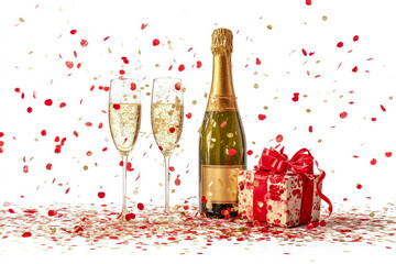 Champagne bottle with two flutes, surrounded by colorful confetti and a beautifully wrapped gift, creating a festive atmosphere for celebration and special occasions