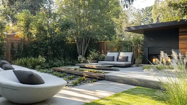 Contemporary backyard retreat with modern outdoor furniture and lush greenery