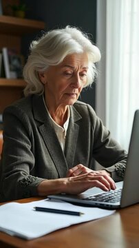 Serious mature older adult woman watching training webinar on laptop working from home or in office. 60s middle aged businesswoman taking notes while using computer technology sitt.