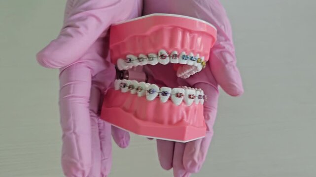 Braces model reveals colorful brackets and orthodontic design for effective teeth alignment