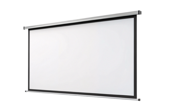 Electric pull-down projection screen with silver aluminum casing, black border, white viewing surface, extended position showing full rectangular display area with mounting hardware