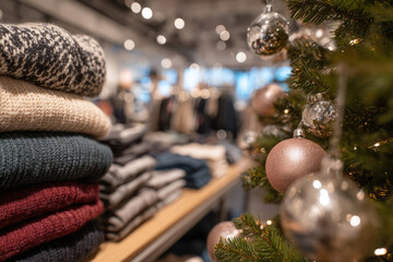 Cozy knitted sweaters stacked neatly on a wooden display table, adorned with festive ornaments and a Christmas tree, creating a warm holiday shopping atmosphere