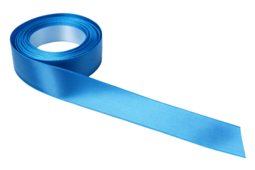 Blue satin ribbon roll unwinding, glossy fabric texture with subtle sheen, elegant decorative material displayed on clean white surface, isolated on a transparent background