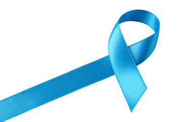 Blue satin ribbon folded into awareness loop shape, classic symbol configuration with flowing tail, isolated on white background, isolated on a transparent background