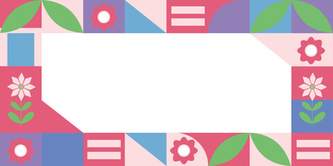 Obraz premium Abstract geometric frame in a naive style with flowers and leaves. Swiss-style border. Vector.