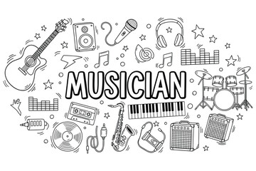 Musician instruments sketch with guitar, drums, microphone, and saxophone