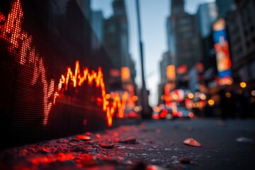 Digital stock market display showing fluctuating red graph line against blurred cityscape background, capturing financial trends and urban atmosphere in evening light