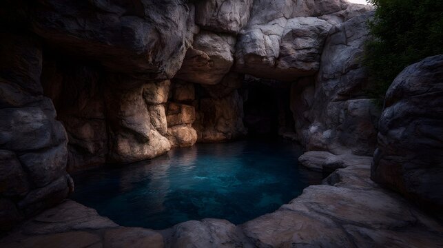 A tranquil grotto with a clear blue pool surrounded by rugged rock formations under dim twilight lighting
