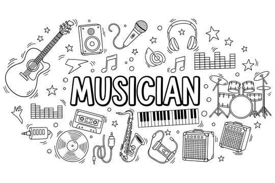 Musician instruments sketch with guitar, drums, microphone, and saxophone