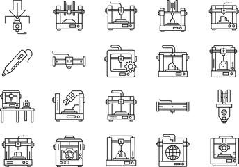 3D printing icons set including printers, nozzles, filament extruders, 3D pen, print bed, robotic arm, additive manufacturing symbols