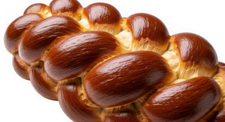 Delicious braided challah bread with a golden brown crust and soft texture isolated on transparent background