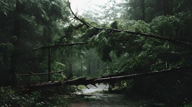 Forest path blocked by a large fallen tree spanning the road, with lush green foliage on both sides.