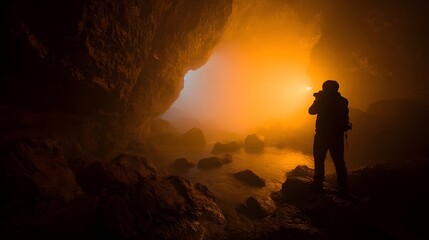 Silhouette of a photographer exploring a foggy golden lit cave with a flashlight illuminating the water and rock formations