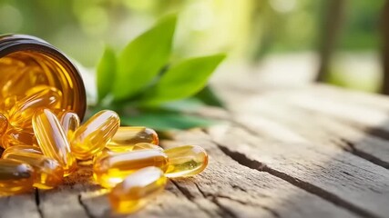 Amber supplement capsules spilling from dark glass container onto weathered wood outdoors - Powered by Adobe