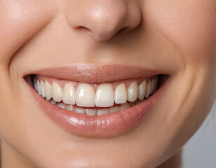Obraz premium Woman smiling with flawless white teeth close-up isolated on grey background oral health concept