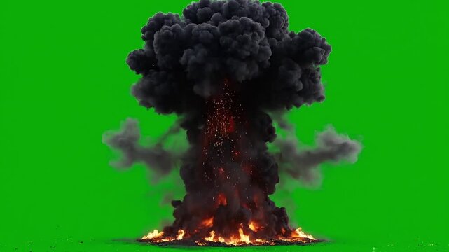 Dramatic explosion with fiery sparks on green screen backdrop for visual effects creation and dynamic compositing in action scenes with a powerful impact