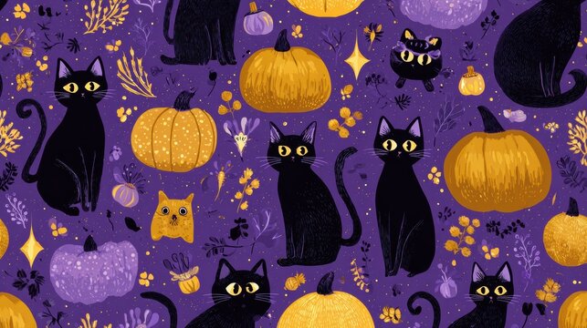 purple halloween cats pumpkins foliage pattern
