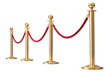 Four polished brass stanchions with crimson rope barriers, crowd control posts, luxury event equipment in perspective view on white, isolated on a transparent background