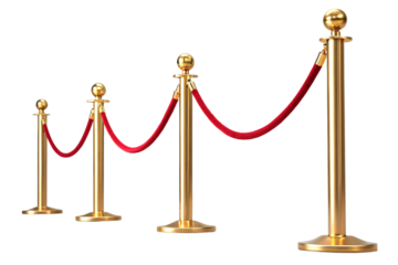 Four polished brass stanchions with crimson rope barriers, crowd control posts, luxury event equipment in perspective view on white, isolated on a transparent background