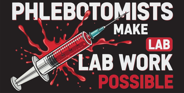 Phlebotomists make lab work possible with a syringe and blood splatter on a black background