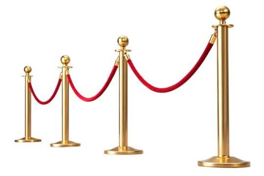 Four polished brass stanchions with crimson rope barriers, crowd control posts, luxury event equipment in perspective view on white, isolated on a transparent background