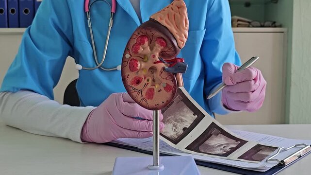 Medical professional explaining kidney function with model during patient consultation ultrasound