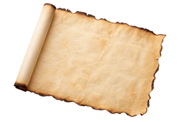 Aged parchment scroll partially unrolled with burnt edges, vintage paper texture, historical document appearance with weathered tan coloring, isolated on a transparent background