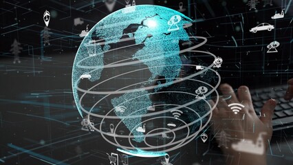 This image showcases a digital globe intertwined with data symbols, representing global connectivity and technological advancements in a modern world. Xenic