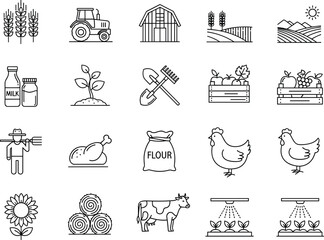 Farm and agriculture line icons, organic farming symbols, rural food production illustration, livestock, crops, harvest, agricultural industry graphic set