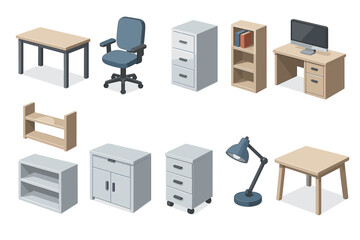 Fototapeta premium Vector illustration in flat cartoon style (with color fill + soft shadows), consisting of 12 icons of office furniture and accessories in a modern functional style.