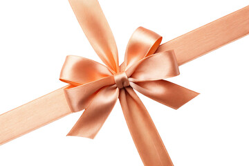 Fototapeta premium Diagonal peach satin ribbon with decorative bow tied in center, showing lustrous fabric texture and graceful loops against clean white backdrop, isolated on a transparent background