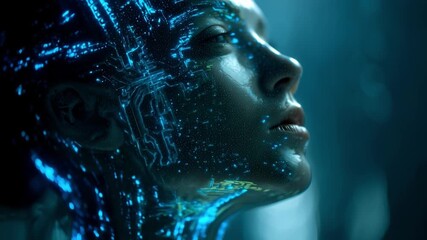 Woman android showing futuristic microchip facial implants - Powered by Adobe