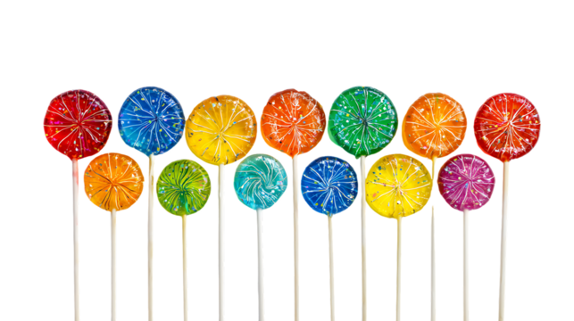 A colorful collection of lollipops arranged in a row, isolated on transparent background