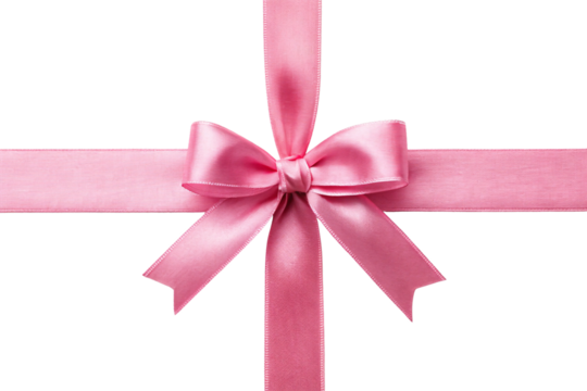 Pink satin ribbon bow wrapped around crossing ribbons forming decorative gift wrap element on white background with elegant sheen finish, isolated on a transparent background