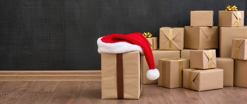 A red Santa hat rests atop a large wrapped box surrounded by many brown paper parcels on a wooden floor, evoking the warmth and anticipation of the busy holiday gift season.