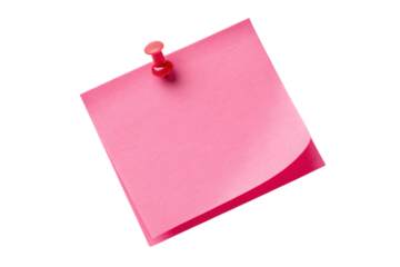 Pink sticky note with darker bottom edge secured by pink push pin on white background creating simple office supply composition, isolated on a transparent background