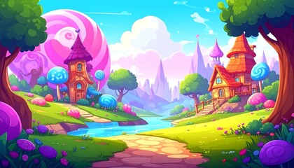 Fototapeta premium Colorful Fantasy Landscape with Whimsical Houses.