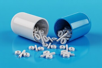 Pharmaceutical price reduction concept blue capsule with percentage symbols