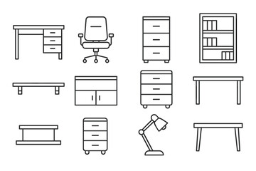 12 line art icons (black outlines, no fill) of office furniture and accessories.