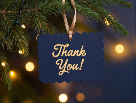 A dark blue “Thank You!” tag with golden script hangs from a tree branch, surrounded by glowing bokeh lights, creating a warm, festive, and heartfelt atmosphere of gratitude.