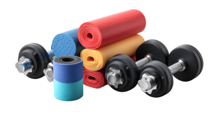 Dumbbells and yoga mats for fitness workout isolated on transparent background