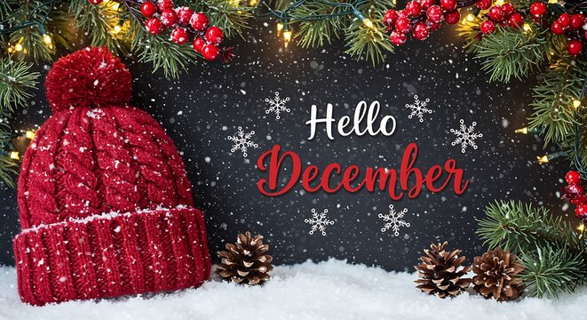 Hello december text with red knitted hat and pine cones on snow