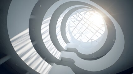 Interior view looking upward through a modern, curving architectural space toward a circular skylight.