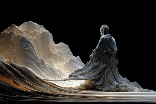 Serene buddha sculpture amidst abstract mountains art installation tranquil environment perspective on spirituality