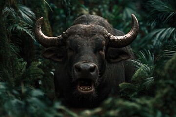 Naklejka premium Wild water buffalo roaming in lush jungle nature photography close-up shot dense greenery captivating wildlife concept