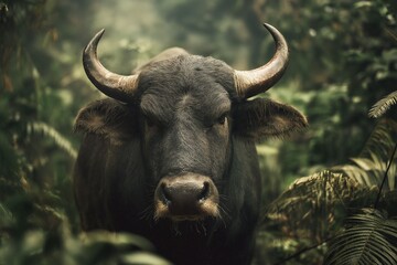Naklejka premium Majestic water buffalo facing the camera in lush jungle setting captivating wildlife photography close-up perspective natural habitat