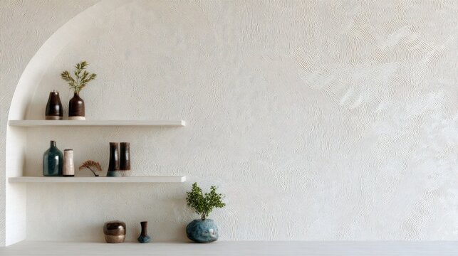 accent wall with wavy plaster texture, subtle ombre pastel coloring, minimalist decorative objects on small shelves