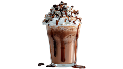 Chocolate frappe topped with whipped cream and chocolate drizzle, isolated on transparent background