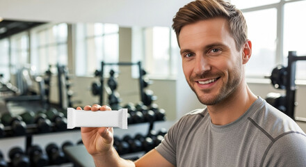 Man smiling with protein bar in gym setting, fitness nutrition and healthy lifestyle
